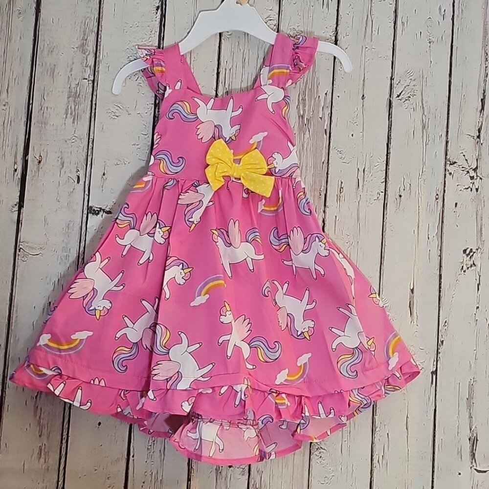 Nannette Kids Sundress Pink Unicorn Print Yellow Bow 2t 100% Cotton Poplin NWT